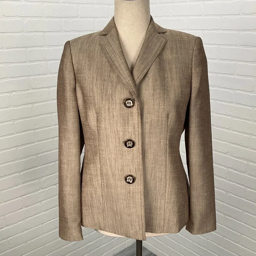 Kasper Blazer Women 4P Tan White Shimmer Woven Fitted‎ Classic Career Notch VTG